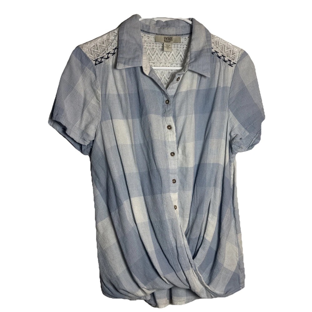Vintage America Blues Women's Large Button Front Lace Yoke Twist Hem Shirt Top